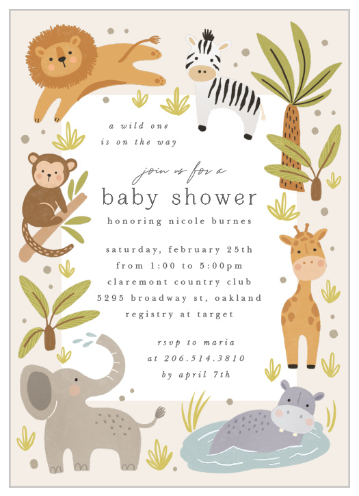 Our Safari Scene Baby Shower Invitations are sure to bring family and friends together for a roaring time.