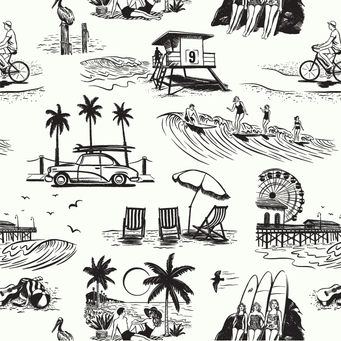 Our Retro Surf Beach Peel and Stick Wallpaper is sure to bring the look of a tropical getaway to any wall in your home.