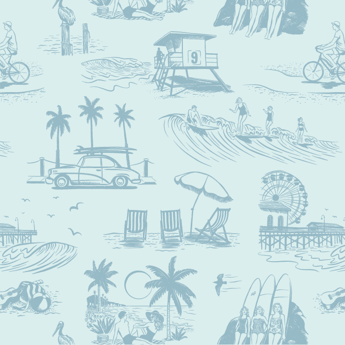 Our Retro Surf Beach Peel and Stick Wallpaper is sure to bring the look of a tropical getaway to any wall in your home.