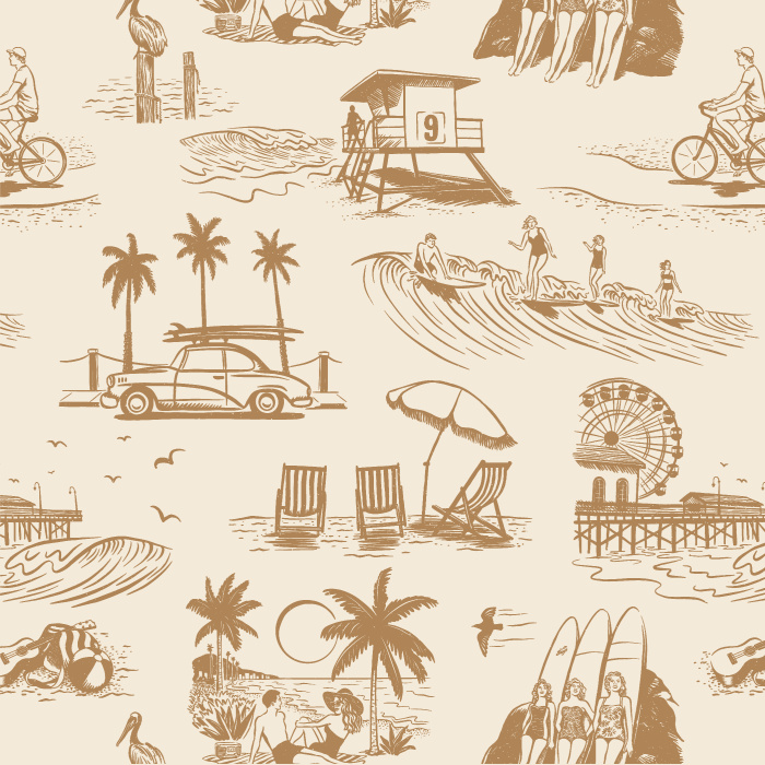 Our Retro Surf Beach Peel and Stick Wallpaper is sure to bring the look of a tropical getaway to any wall in your home.