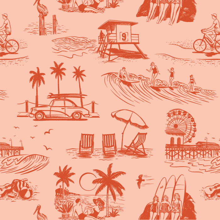 Our Retro Surf Beach Peel and Stick Wallpaper is sure to bring the look of a tropical getaway to any wall in your home.