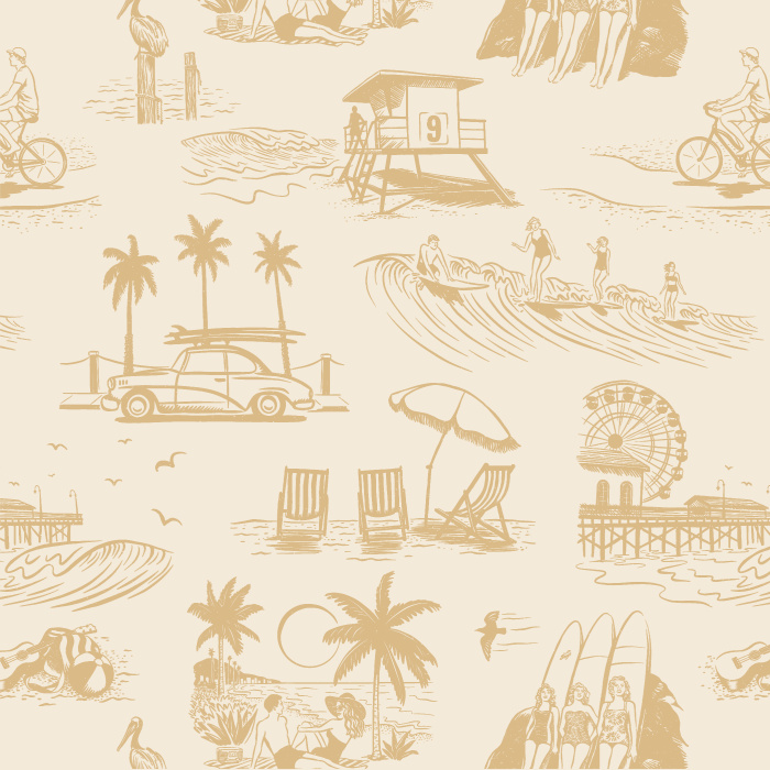 Our Retro Surf Beach Peel and Stick Wallpaper is sure to bring the look of a tropical getaway to any wall in your home.