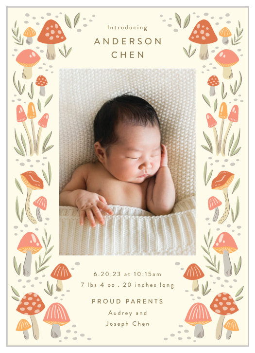 Announce the arrival of your little one in the cutest way you can with our Tiny Mushroom Birth Announcements.