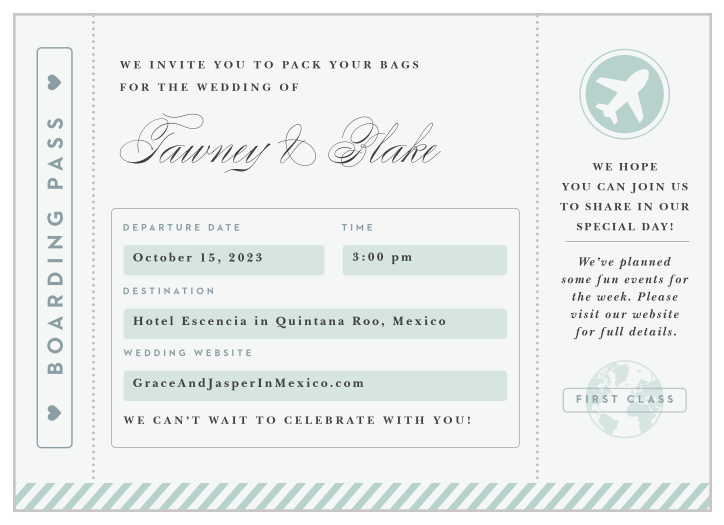 Kickstart your wedding celebrations with our unique Boarding Pass Wedding Invitations!