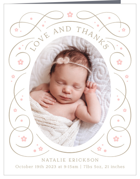Share your appreciation for the support of loved ones when you send out our Swirled Frame Birth Announcement Thank You Cards.