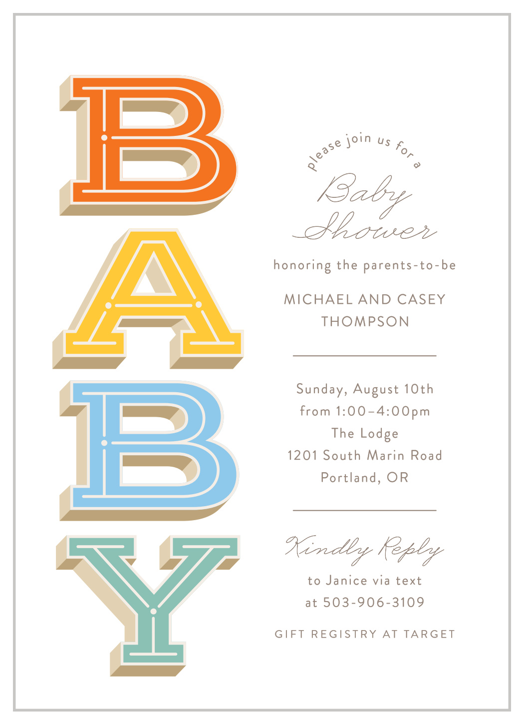 Block Letters Baby Shower Invitations