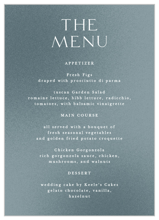 Our Textured Camille Wedding Menus lets family and friends know what mouthwatering foods will be served at your reception.