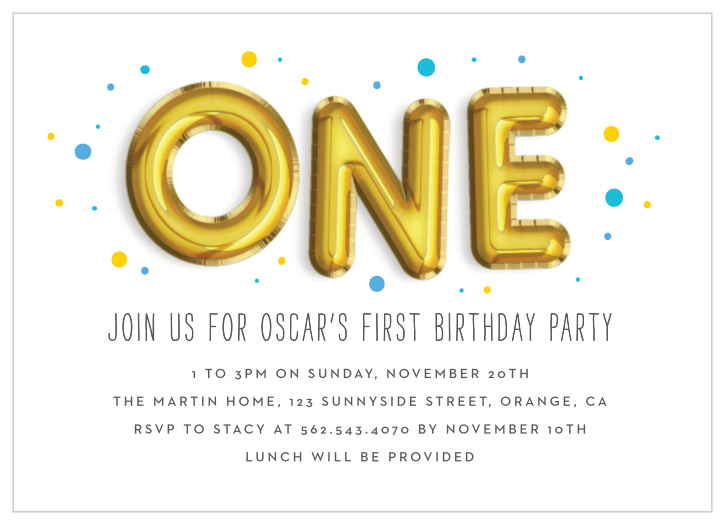 Kickstart your child's first birthday celerbations by inviting their closest family and friends to a party in their honor, with our Baby Balloons First Birthday Invitations!