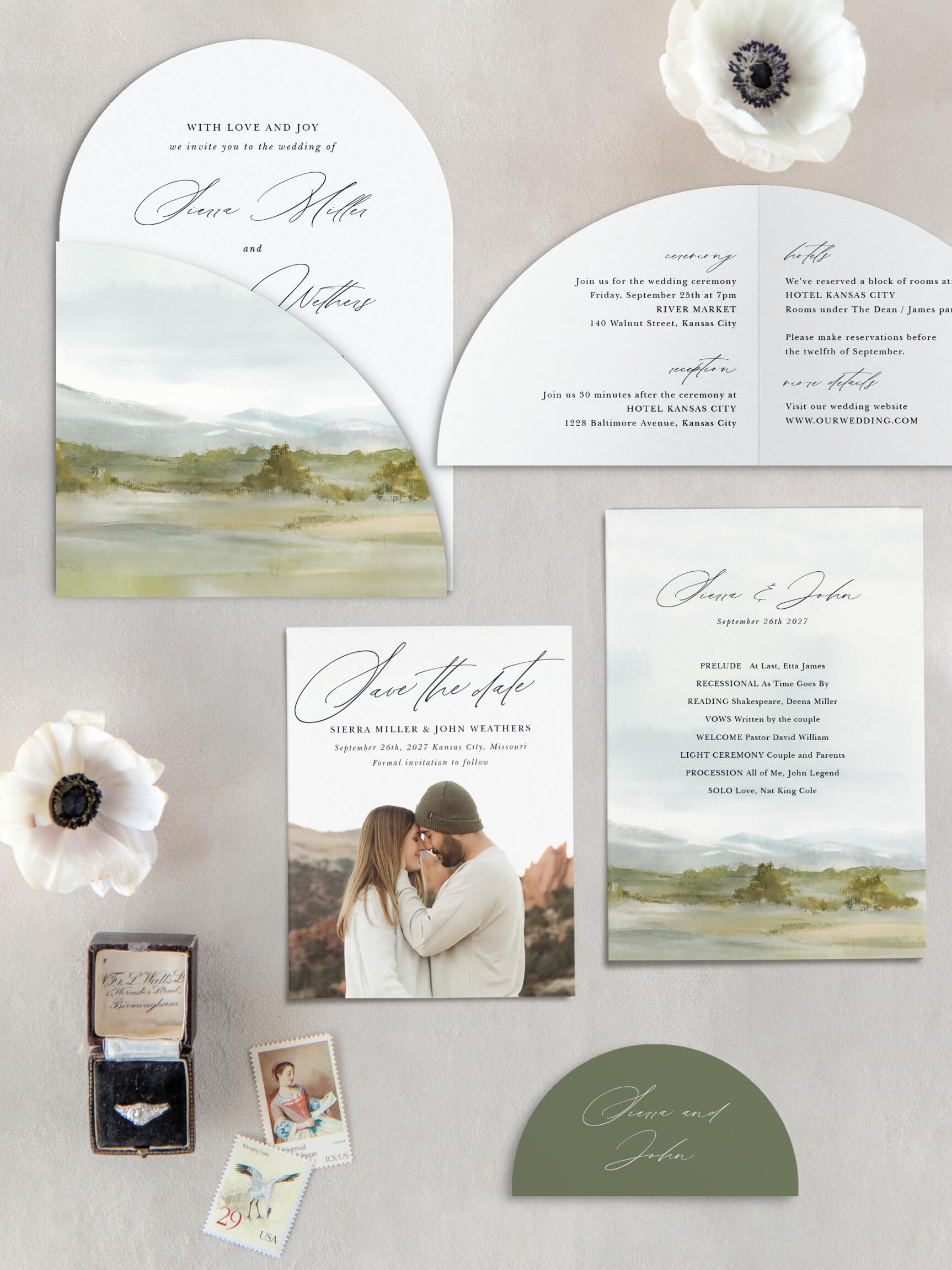Bring family and friends together for your special day when you send out our Mountain Painting Wedding Invitations.
