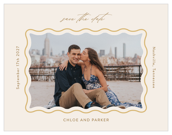 Let family and friends know of your upcoming wedding with our Simple Wave Wedding Arch Save the Date Cards.