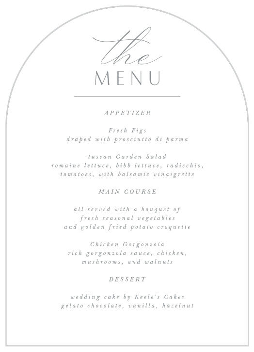 Our Vintage Portrait Wedding Arch Menus let family and friends know what mouthwatering meals will be served at your reception.