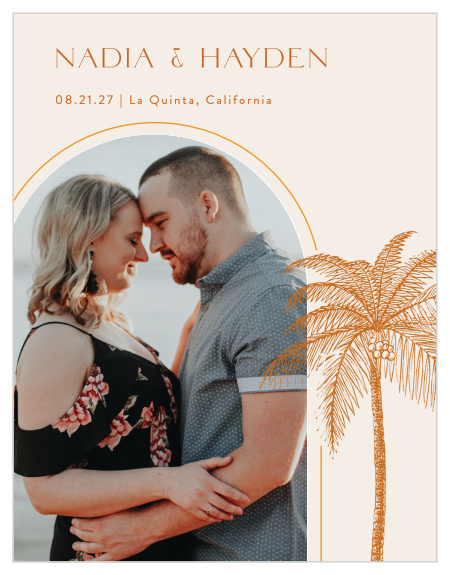 Mark a spot on everyone’s calendars with our Pretty Palms Wedding Arch Save the Date Cards.