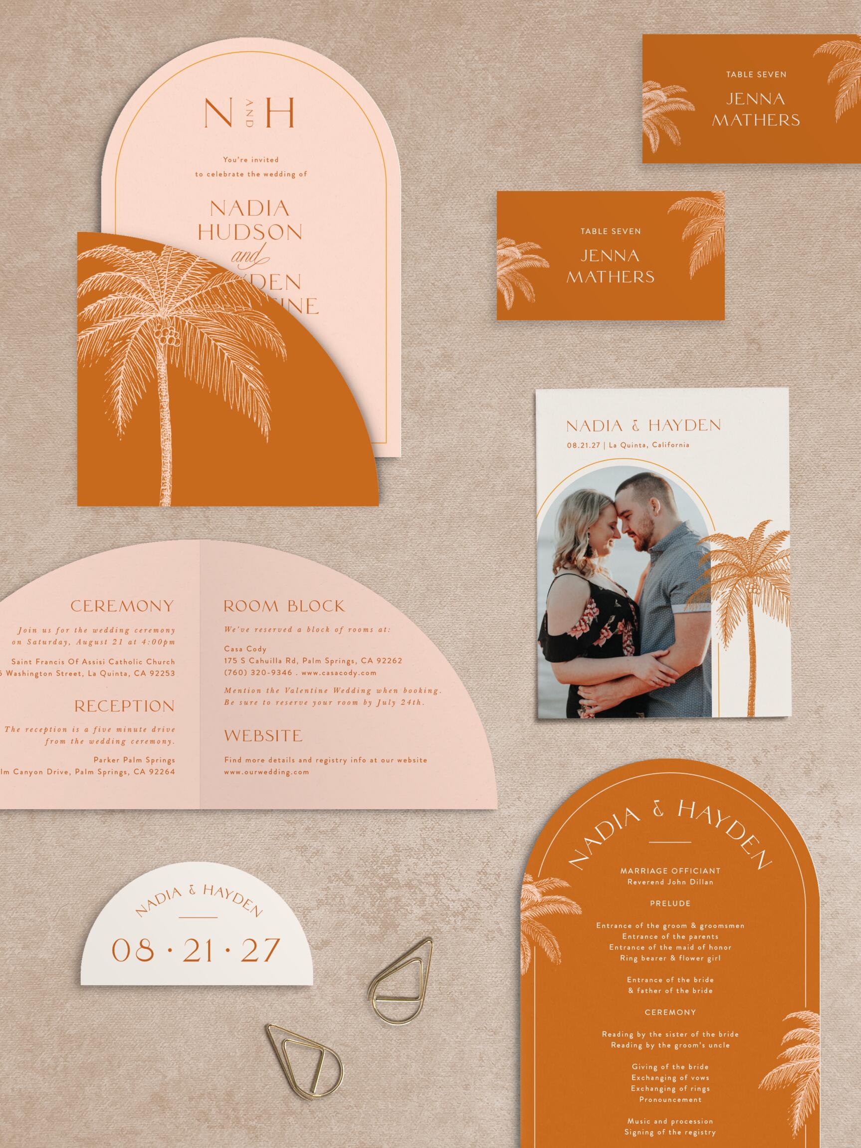 Present your wedding information in the most gorgeous way with our Pretty Palms Wedding Arch Invitations.