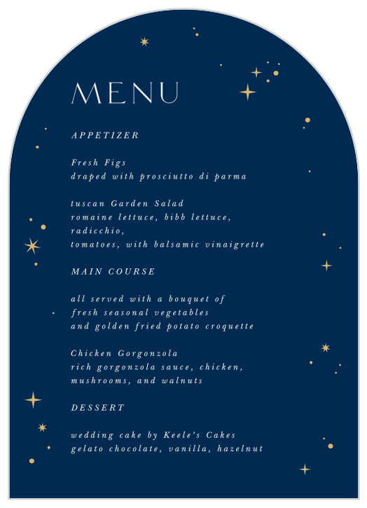 Create a dazzling event with our Celestial Stars Wedding Arch Menus.