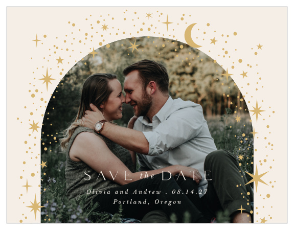 Stun your loved ones with our Celestial Stars Wedding Arch Save the Date Cards.