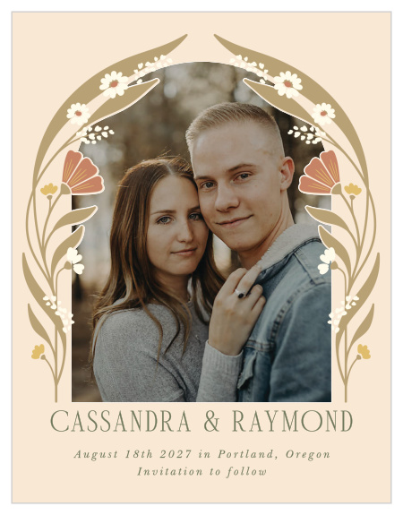 Announce your upcoming wedding to close friends and family when you send out our Art Nouveau Wedding Arch Save the Date Cards.
