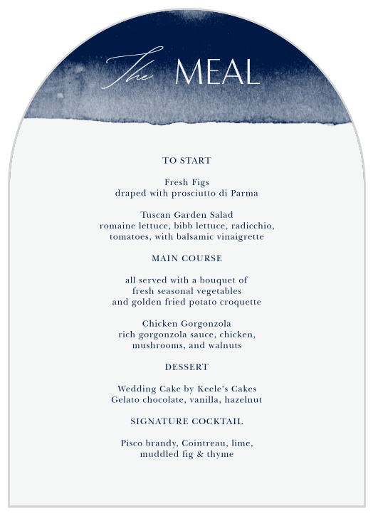 Describe each delicious dish that will be served at your reception with our Arched Brushstrokes Wedding Arch Menus.