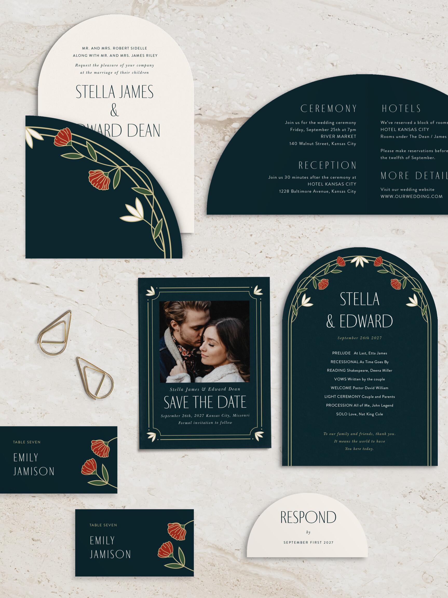 Announce your big day in a beautifully classic way with our Deco Poppies Wedding Arch Invitations.