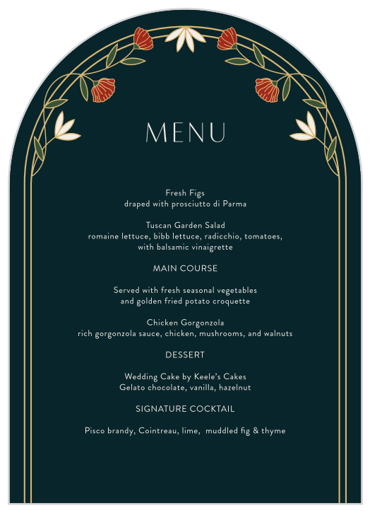 Create a memorable dining experience with our Deco Poppies Wedding Arch Menus.
