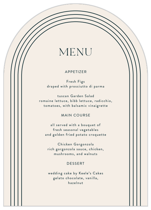 Let family and friends know what foods will be served at your reception with our Modern Arches Wedding Arch Menus.