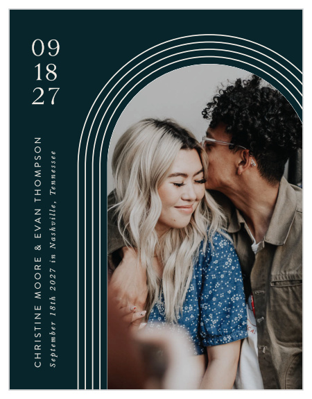 Let family and friends know that your special day is upcoming by sending them our Modern Arches Wedding Arch Save the Date Magnets.