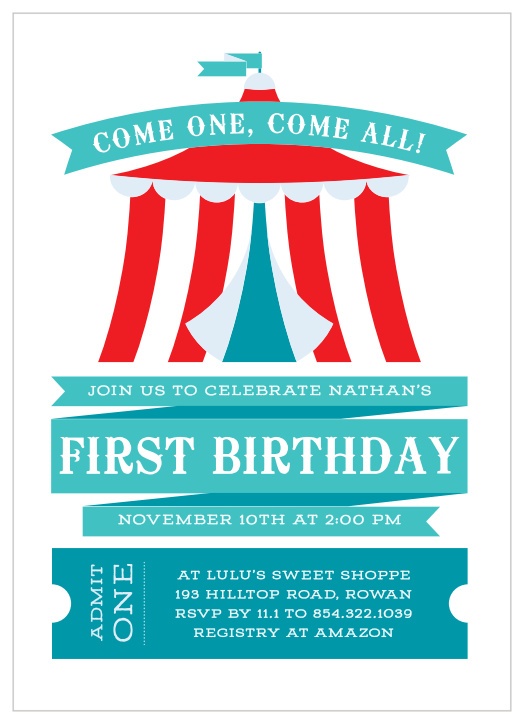 Transform your child's first birthday into a huge spectacle, starting with our Circus Tent First Birthday Invitations!