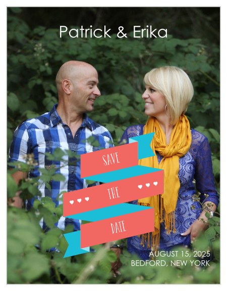 Our Flying Banner save the date card has super cute text and a fun banner. As always, you can change the colors and fonts in order to match your wedding scheme. Personalize the card and see your modifications instantly!