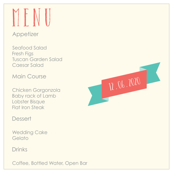 Our Flying Banner wedding menu has plenty of room for all your important details. Make your fairy tail wedding complete with Flying Banner menu.