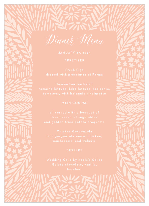 Let family and friends know what delicious dishes will be served at your reception with our Floral Wreath Wedding Menus.