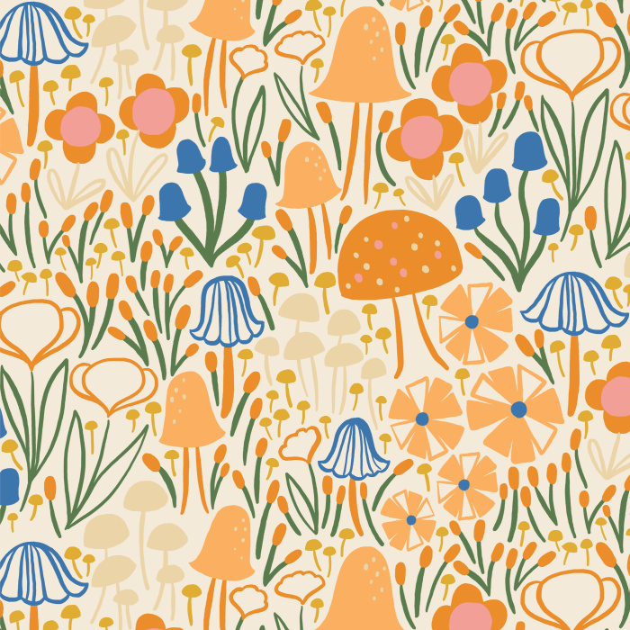 Create a whimsical dreamscape with our Mushroom Garden Peel and Stick Removable Wallpaper.