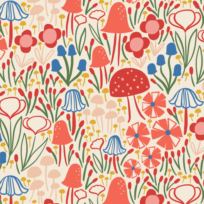 Create a whimsical dreamscape with our Mushroom Garden Peel and Stick Removable Wallpaper.