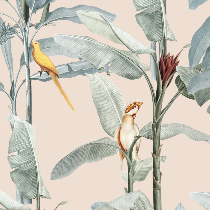Add a tropical beach vibe to any wall in your home with our Palm & Parrots Peel And Stick Removable Wallpaper.