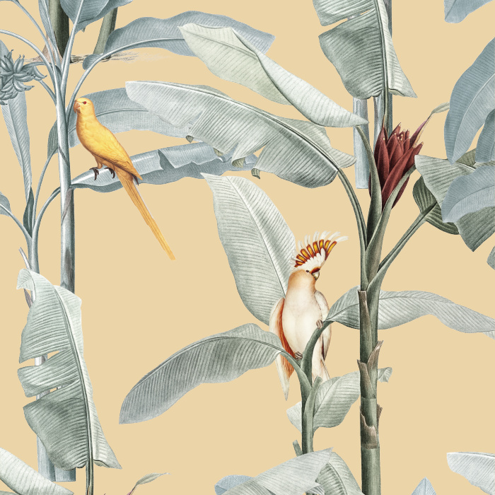 Add a tropical beach vibe to any wall in your home with our Palm & Parrots Peel And Stick Removable Wallpaper.