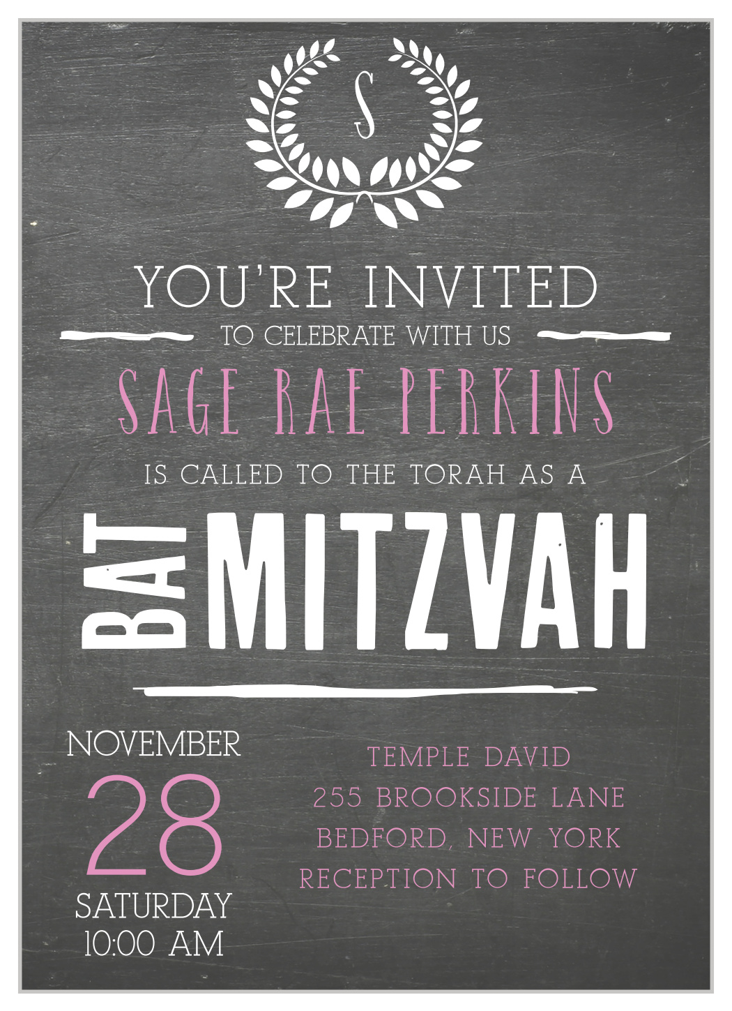 Laurel Chalkboard Bat Mitzvah Invitations