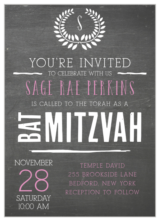 Chalk up the perfect invitation for your celebration with our Laurel Chalkboard Bat Mitzvah Invitations.