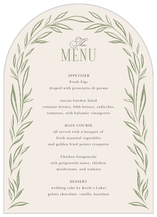 Let family and friends know what will be served at your reception with our Charming Foliage Wedding Arch Menus.