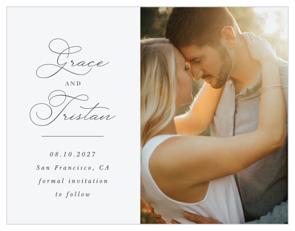 Let family and friends know that your big day is coming up with our Love Story Wedding Arch Save the Date Cards.