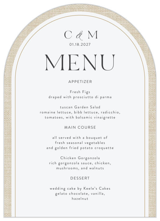 Describe each delicious dish that will be served at your reception with our Timeless Elegance Wedding Arch Menus.