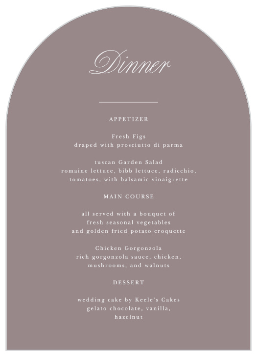 Describe each delicious dish that will be served at your reception with our Scripty Monogram Wedding Arch Menus.