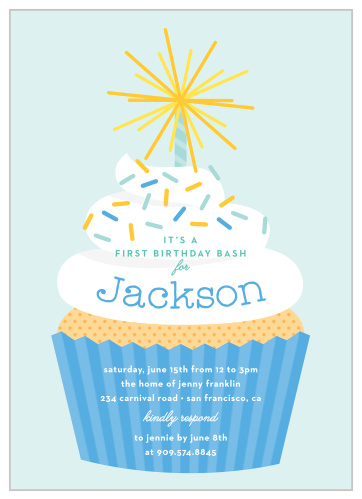 Announce your little one's big day with our Little Cupcake First Birthday Invitations. These adorable cards feature a fluffy, iced cupcake with a sparkler candle.