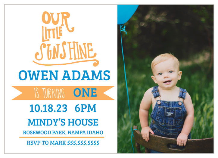 Our Little Sunshine first birthday invitations offer a great way to show off your little one with the right half of the card being a photo.