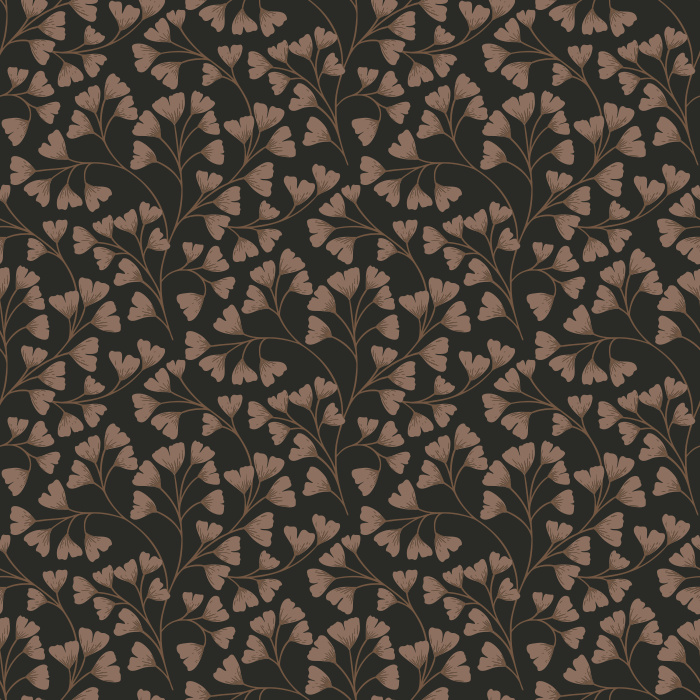 Ginko Breeze Wallpaper showcases a delicate, repeating pattern of ginkgo leaves in soft brown and earthy taupe tones, evoking a grounded yet elegant atmosphere.