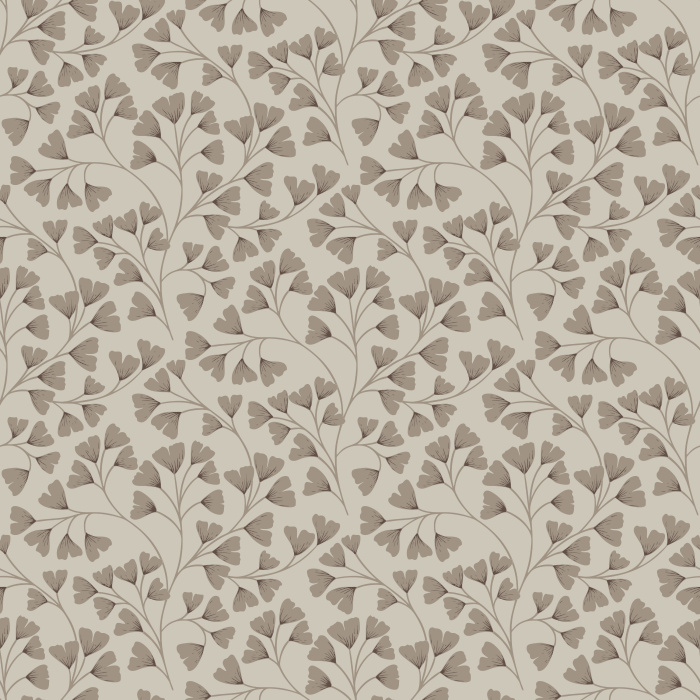 Ginko Breeze Wallpaper showcases a delicate, repeating pattern of ginkgo leaves in soft brown and earthy taupe tones, evoking a grounded yet elegant atmosphere.