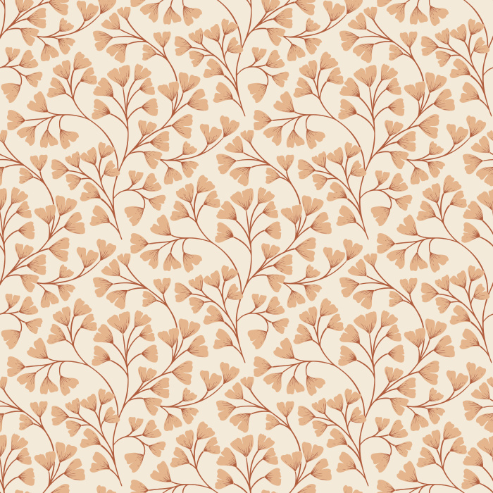 Ginko Breeze Wallpaper showcases a delicate, repeating pattern of ginkgo leaves in soft brown and earthy taupe tones, evoking a grounded yet elegant atmosphere.