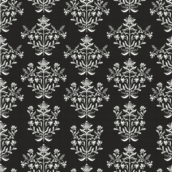 Dewdrop Bells Wallpaper features a repeating vintage floral motif in soft taupe against a rich chocolate brown background, evoking timeless elegance.