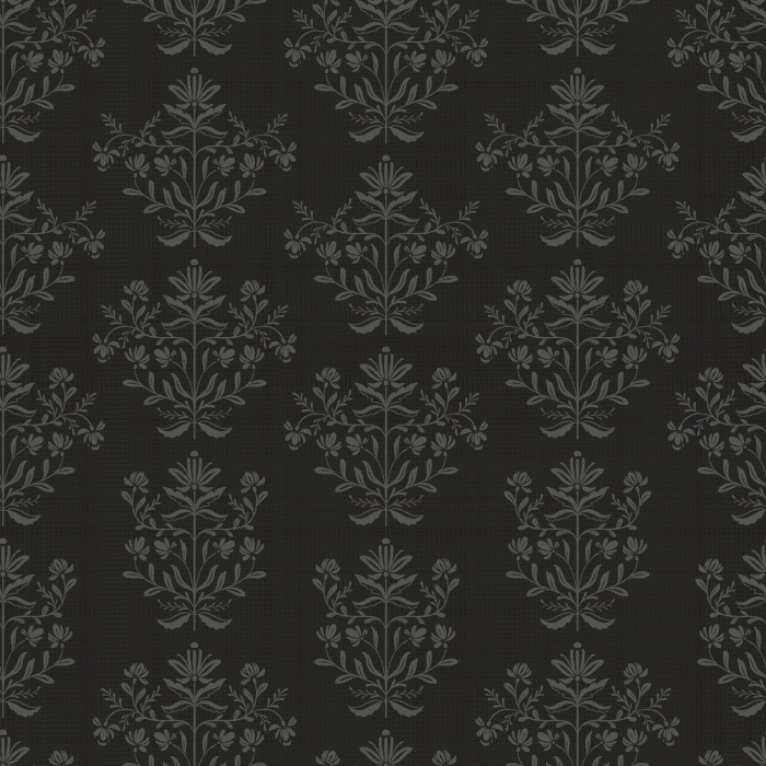 Dewdrop Bells Wallpaper features a repeating vintage floral motif in soft taupe against a rich chocolate brown background, evoking timeless elegance.