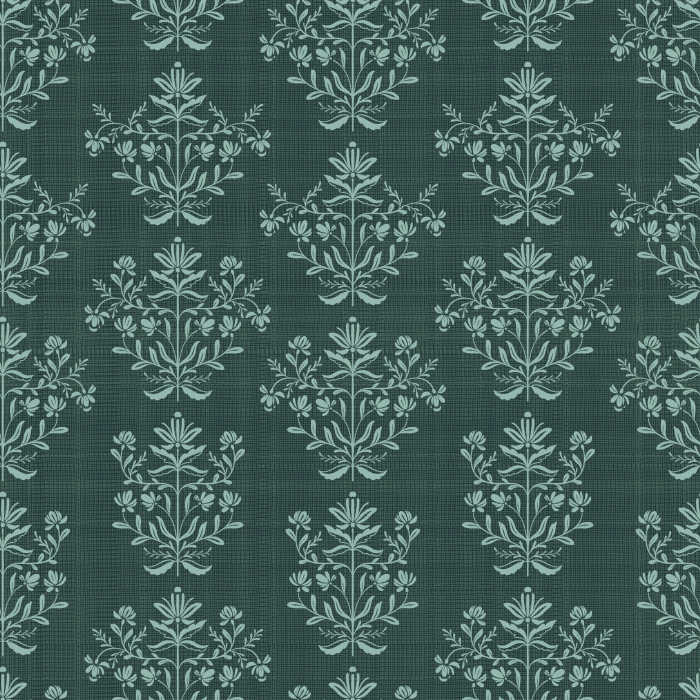 Dewdrop Bells Wallpaper features a repeating vintage floral motif in soft taupe against a rich chocolate brown background, evoking timeless elegance.