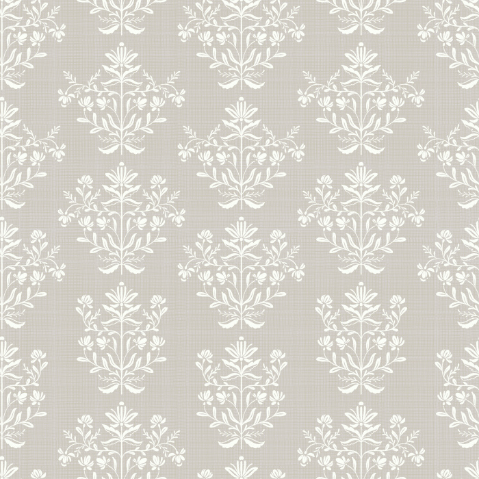 Dewdrop Bells Wallpaper features a repeating vintage floral motif in soft taupe against a rich chocolate brown background, evoking timeless elegance.