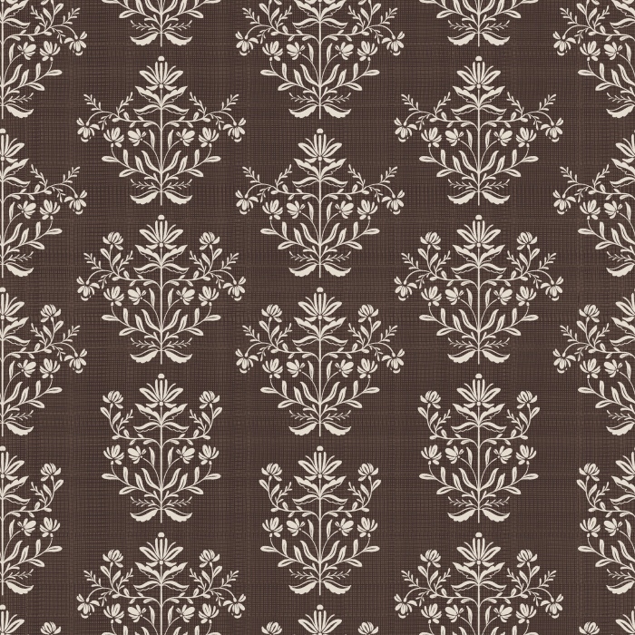 Dewdrop Bells Wallpaper features a repeating vintage floral motif in soft taupe against a rich chocolate brown background, evoking timeless elegance.