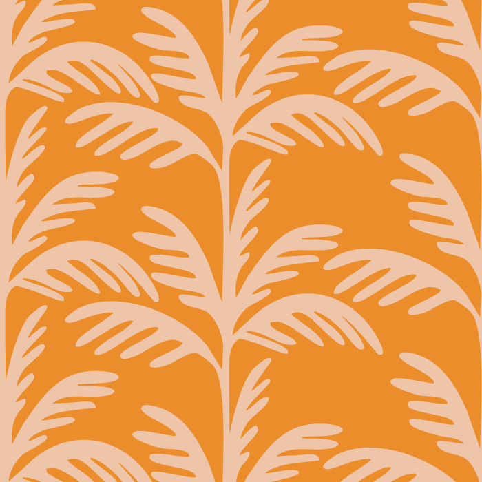 Warm Palms Wallpaper brings a bold, tropical-inspired aesthetic with oversized palm leaf silhouettes in terracotta against a muted blush pink background.